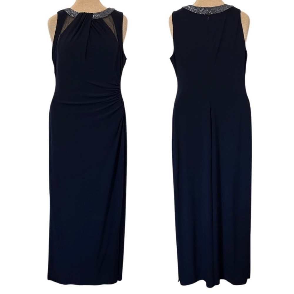 Lauren Ralph Lauren Navy Blue Beaded Mesh Maxi Wedding Cocktail Elegant Dress 8